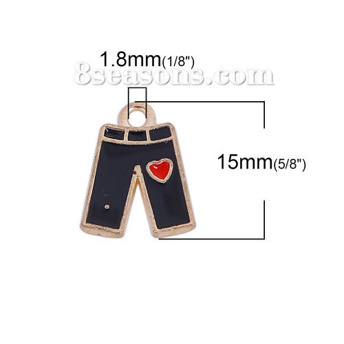 Picture of Zinc Based Alloy Charms Trousers Gold Plated Black & Red Heart Enamel 15mm( 5/8") x 12mm( 4/8"), 20 PCs