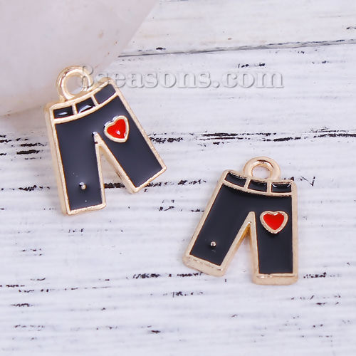 Picture of Zinc Based Alloy Charms Trousers Gold Plated Black & Red Heart Enamel 15mm( 5/8") x 12mm( 4/8"), 20 PCs