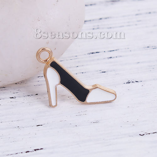 Picture of Zinc Based Alloy Charms High-heeled Shoes Gold Plated Black & White Enamel 14mm( 4/8") x 13mm( 4/8"), 30 PCs
