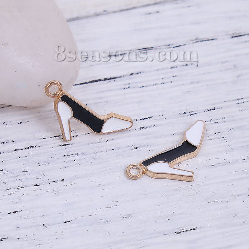 Picture of Zinc Based Alloy Charms High-heeled Shoes Gold Plated Black & White Enamel 14mm( 4/8") x 13mm( 4/8"), 30 PCs