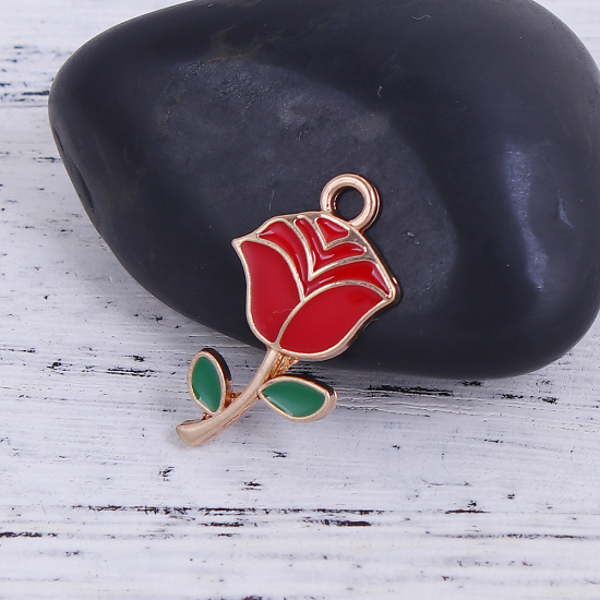 Изображение Стиль Эмали Цветочного Сада Цинковый Сплав Подвески Роза Позолоченный Красный & Зеленый 24мм x 13мм, 10 ШТ