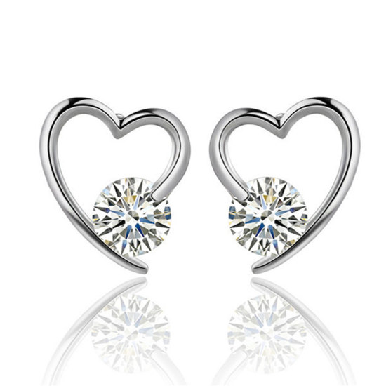 Picture of Brass Ear Post Stud Earrings Silver Tone Clear Cubic Zirconia Heart 13mm( 4/8") x 12mm( 4/8"), Post/ Wire Size: (20 gauge), 1 Pair                                                                                                                            