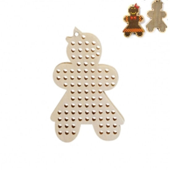 Picture of Natural Wood Cross Stitch Pendants Christmas Ginger Bread Man Beige 50mm(2") x 32mm(1 2/8"), 10 PCs