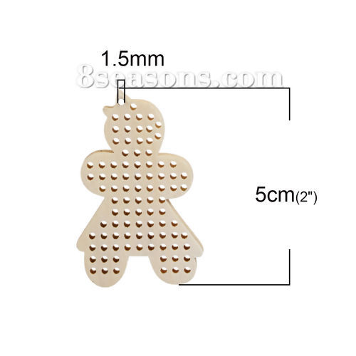 Picture of Natural Wood Cross Stitch Pendants Christmas Ginger Bread Man Beige 50mm(2") x 32mm(1 2/8"), 10 PCs