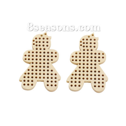 Picture of Natural Wood Cross Stitch Pendants Christmas Ginger Bread Man Beige 50mm(2") x 32mm(1 2/8"), 10 PCs