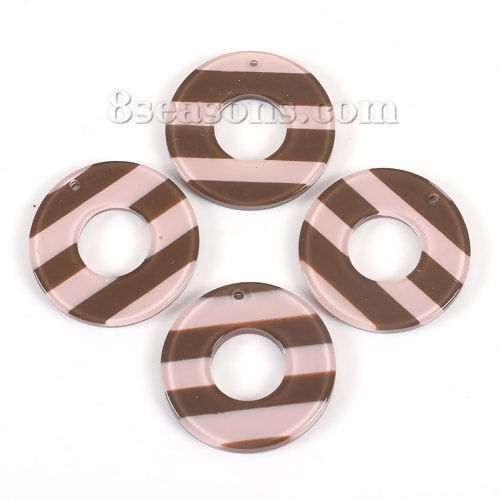 Picture of Resin Pendants Circle Ring Stripe Coffee Light Pink 34mm(1 3/8") Dia. 10 PCs