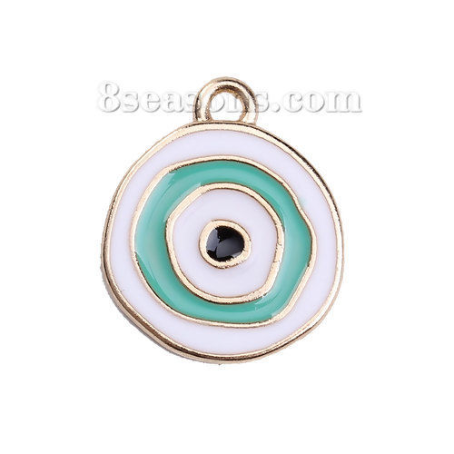 Imagen de Zamak Colgantes Charms Ronda Chapado en Oro Blanco & Verde Mal de ojo Esmalte 23mm x 20mm, 5 Unidades