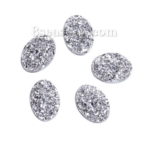 Picture of Resin Druzy/ Drusy Dome Seals Cabochon Oval Silver 18mm( 6/8") x 13mm( 4/8"), 50 PCs
