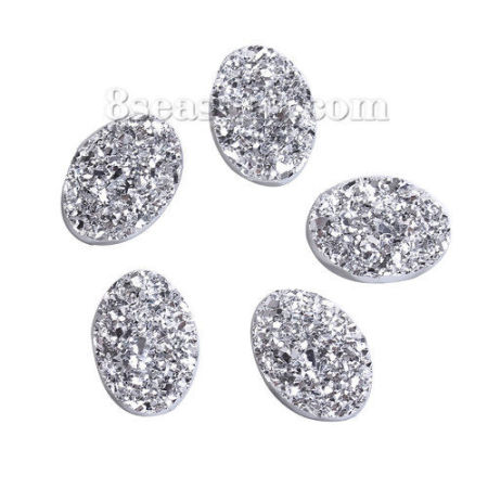 Picture of Resin Druzy/ Drusy Dome Seals Cabochon Oval Silver 18mm( 6/8") x 13mm( 4/8"), 50 PCs