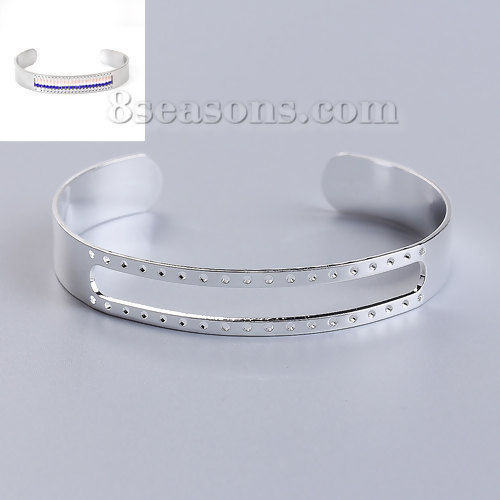 Image de Bracelet Manchette Jonc Semi-Ouvert en Laiton Argenté Centre Creux pour Tresser avec Perles de Rocailles 15.6cm long, 1 Pièce                                                                                                                                 