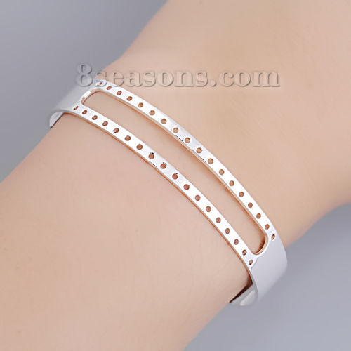 Image de Bracelet Manchette Jonc Semi-Ouvert en Laiton Argenté Centre Creux pour Tresser avec Perles de Rocailles 15.6cm long, 1 Pièce                                                                                                                                 