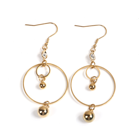 Picture of 304 Stainless Steel Earrings Gold Plated Circle Ring Clear Rhinestone 76mm(3") x 30mm(1 1/8"), Post/ Wire Size: (21 gauge), 1 Pair