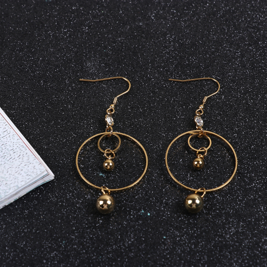 Picture of 304 Stainless Steel Earrings Gold Plated Circle Ring Clear Rhinestone 76mm(3") x 30mm(1 1/8"), Post/ Wire Size: (21 gauge), 1 Pair