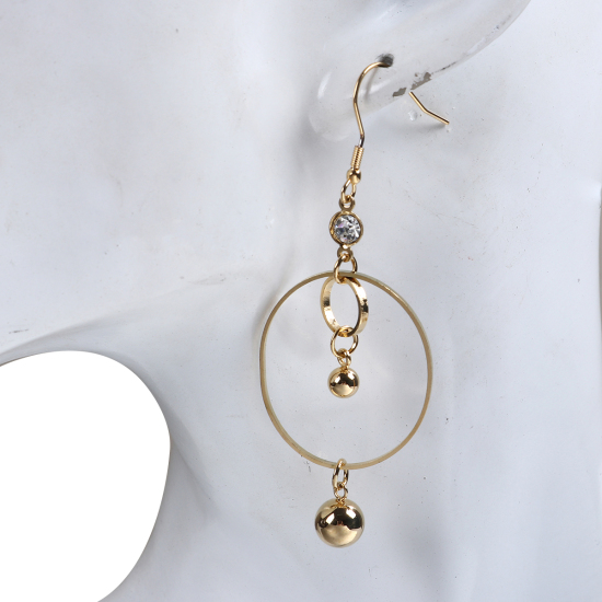 Picture of 304 Stainless Steel Earrings Gold Plated Circle Ring Clear Rhinestone 76mm(3") x 30mm(1 1/8"), Post/ Wire Size: (21 gauge), 1 Pair