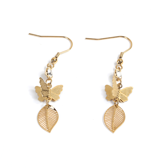 Immagine di 304 Acciaio Inossidabile Orecchino Oro Placcato Farfalla Foglia Trasparente Strass 61mm x 12mm , Diametro Filo: (21 misura), 1 Paio