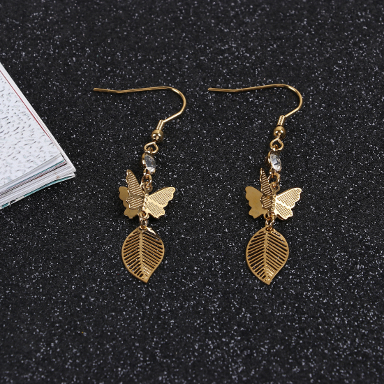 Immagine di 304 Acciaio Inossidabile Orecchino Oro Placcato Farfalla Foglia Trasparente Strass 61mm x 12mm , Diametro Filo: (21 misura), 1 Paio