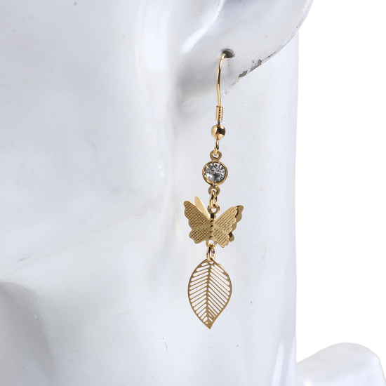 Immagine di 304 Acciaio Inossidabile Orecchino Oro Placcato Farfalla Foglia Trasparente Strass 61mm x 12mm , Diametro Filo: (21 misura), 1 Paio