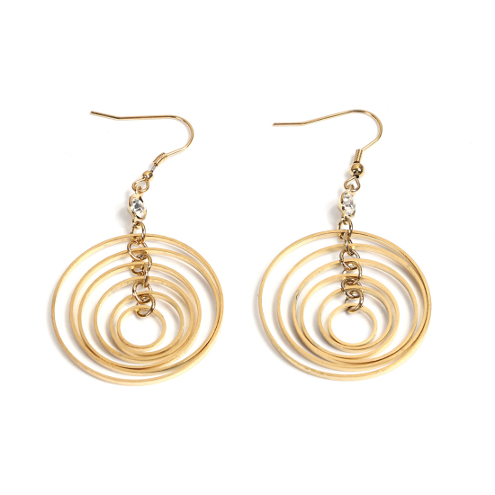 Picture of 304 Stainless Steel Earrings Gold Plated Circle Ring Clear Rhinestone 67mm(2 5/8") x 35mm(1 3/8"), Post/ Wire Size: (21 gauge), 1 Pair