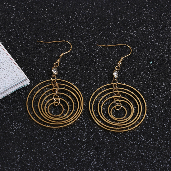 Picture of 304 Stainless Steel Earrings Gold Plated Circle Ring Clear Rhinestone 67mm(2 5/8") x 35mm(1 3/8"), Post/ Wire Size: (21 gauge), 1 Pair
