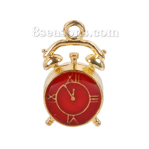 Picture of Zinc Based Alloy Charms Watch Alarm Clock Gold Plated Red Enamel 21mm( 7/8") x 12mm( 4/8"), 10 PCs