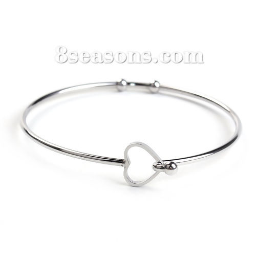 Picture of 304 Stainless Steel Bangles Bracelets Heart Silver Tone (Can Open) 20.5cm(8 1/8") long, 1 Piece