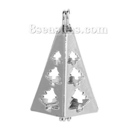 Picture of Zinc Based Alloy Wish Pearl Locket Jewelry Pendants Triangle Silver Tone Christmas Tree Can Open (Fit Bead Size: 12mm) 39mm(1 4/8") x 17mm( 5/8"), 2 PCs