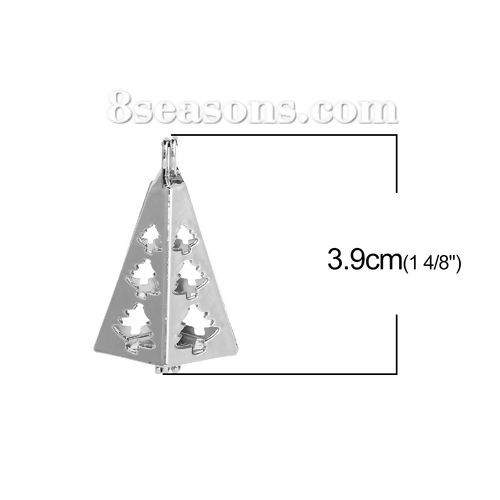 Picture of Zinc Based Alloy Wish Pearl Locket Jewelry Pendants Triangle Silver Tone Christmas Tree Can Open (Fit Bead Size: 12mm) 39mm(1 4/8") x 17mm( 5/8"), 2 PCs