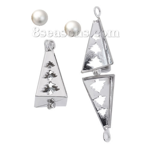 Picture of Zinc Based Alloy Wish Pearl Locket Jewelry Pendants Triangle Silver Tone Christmas Tree Can Open (Fit Bead Size: 12mm) 39mm(1 4/8") x 17mm( 5/8"), 2 PCs