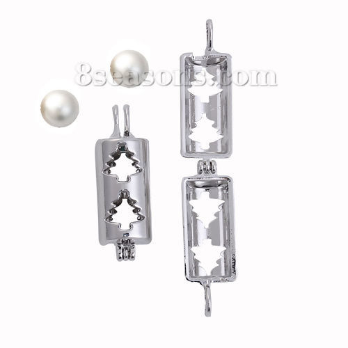 Picture of Zinc Based Alloy Wish Pearl Locket Jewelry Pendants Cylinder Silver Tone Christmas Tree Can Open (Fit Bead Size: 8mm) 33mm(1 2/8") x 11mm( 3/8"), 2 PCs