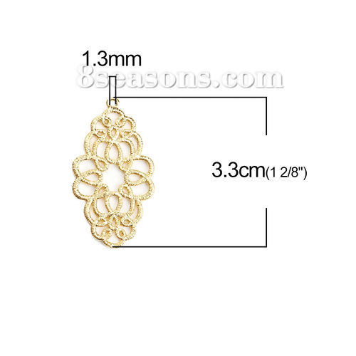 Image de Pendentifs Dentelle Métallique en Laiton Ovale Fleurs Creuses Doré 33mm x 18mm, 3 Pcs