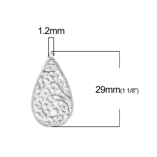 Image de Breloque Dentelle Métallique en Laiton Goutte d'Eau Fleurs Creuses Argent Mat 29mm x 16mm, 3 Pcs