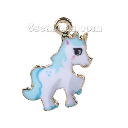 Picture of Zinc Based Alloy Charms Horse Gold Plated White & Blue Enamel 24mm(1") x 20mm( 6/8"), 10 PCs