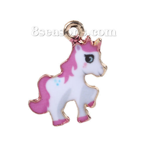 Imagen de Zamak Colgantes Charms Caballo Chapado en Oro Blanco & Fuchsia Esmalte 24mm x 20mm, 10 Unidades