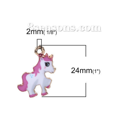 Imagen de Zamak Colgantes Charms Caballo Chapado en Oro Blanco & Fuchsia Esmalte 24mm x 20mm, 10 Unidades