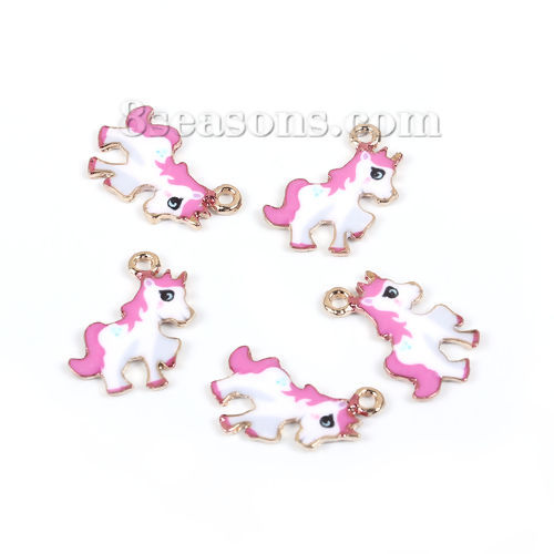 Imagen de Zamak Colgantes Charms Caballo Chapado en Oro Blanco & Fuchsia Esmalte 24mm x 20mm, 10 Unidades