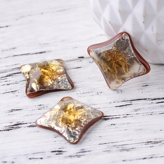 Picture of Resin AB Rainbow Color Aurora Borealis Charms Rhombus Coffee Golden 25mm(1") x 24mm(1"), 10 PCs
