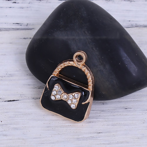 Picture of Zinc Based Alloy Charms Bag Gold Plated Black Bowknot Clear Rhinestone Enamel 23mm( 7/8") x 17mm( 5/8"), 5 PCs