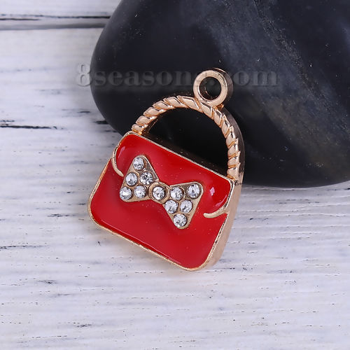 Picture of Zinc Based Alloy Charms Bag Gold Plated Red Bowknot Clear Rhinestone Enamel 23mm( 7/8") x 17mm( 5/8"), 5 PCs
