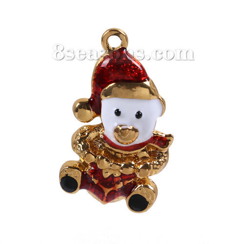 Immagine di Lega di Zinco Charms Orso Oro Placcato Bianco & Rosso Cappelli di Natale Smalto 29mm x 17mm , 5 Pz