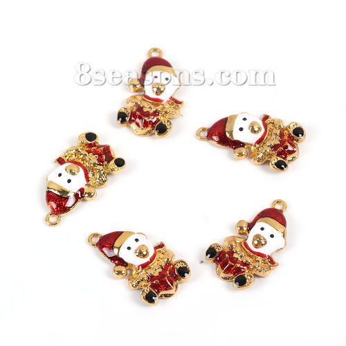 Immagine di Lega di Zinco Charms Orso Oro Placcato Bianco & Rosso Cappelli di Natale Smalto 29mm x 17mm , 5 Pz