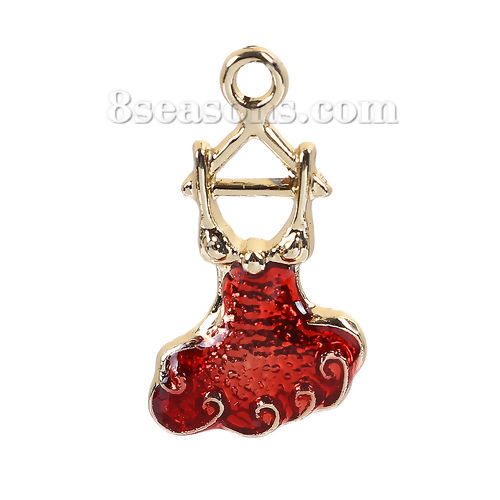 Picture of Zinc Based Alloy Charms Dress Gold Plated Red Enamel 22mm( 7/8") x 13mm( 4/8"), 10 PCs