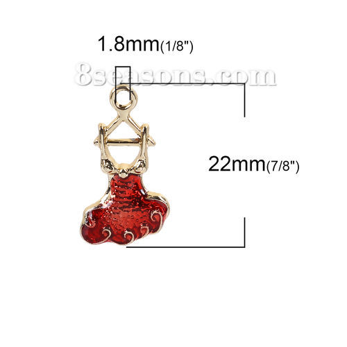 Picture of Zinc Based Alloy Charms Dress Gold Plated Red Enamel 22mm( 7/8") x 13mm( 4/8"), 10 PCs