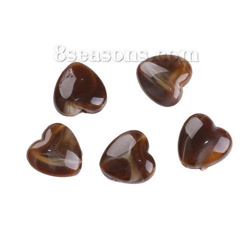 Image de Perles en Acrylique Cœur Café Effet Marbré 14mm x 14mm, Taille de Trou: 2.2mm, 50 Pcs