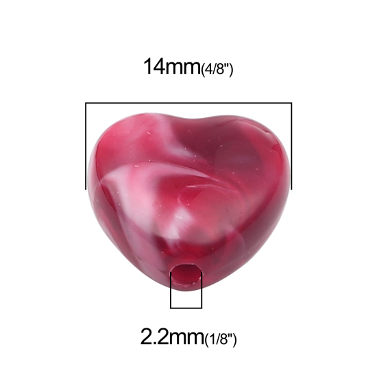 Image de Perles en Acrylique Cœur Vin Rouge Effet Marbré 14mm x 14mm, Taille de Trou: 2.2mm, 10 Pcs