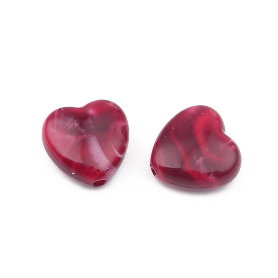 Image de Perles en Acrylique Cœur Vin Rouge Effet Marbré 14mm x 14mm, Taille de Trou: 2.2mm, 10 Pcs