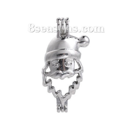 Picture of Zinc Based Alloy Wish Pearl Locket Jewelry Pendants Christmas Santa Claus Silver Tone Can Open (Fit Bead Size: 8mm) 36mm(1 3/8") x 18mm( 6/8"), 2 PCs
