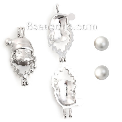 Image de Pendentifs Médaillon Porte Perle de Vœux en Alliage de Zinc Père de Noël Pouvoir Ouvrir Argent Mat (Taille de Perle Compatible: 8mm) 36mm x 18mm, 2 Pcs