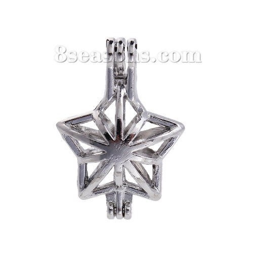 Picture of Zinc Based Alloy Wish Pearl Locket Jewelry Pendants Pentagram Star Silver Tone Can Open (Fit Bead Size: 8mm) 28mm(1 1/8") x 20mm( 6/8"), 2 PCs