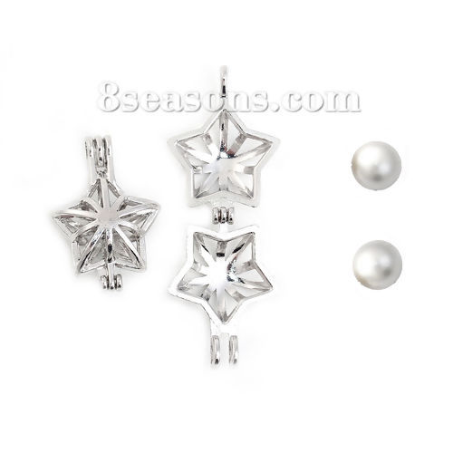 Picture of Zinc Based Alloy Wish Pearl Locket Jewelry Pendants Pentagram Star Silver Tone Can Open (Fit Bead Size: 8mm) 28mm(1 1/8") x 20mm( 6/8"), 2 PCs