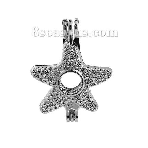 Picture of Zinc Based Alloy Wish Pearl Locket Jewelry Pendants Christmas Silver Tone Star Fish Can Open (Fit Bead Size: 8mm) 31mm(1 2/8") x 24mm(1"), 2 PCs